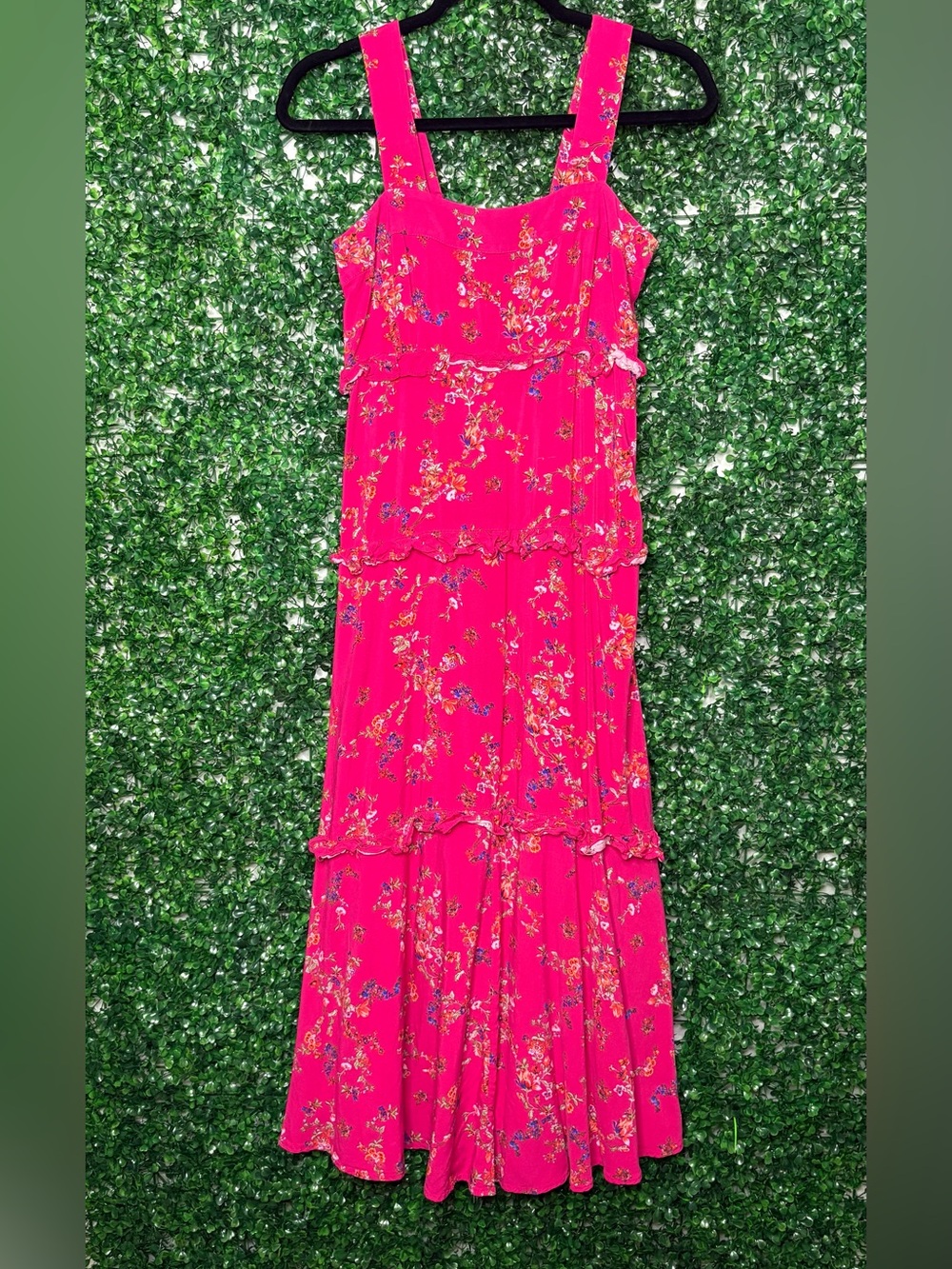 Bright Pink Floral Maxi Dress with Ruffle Tiers